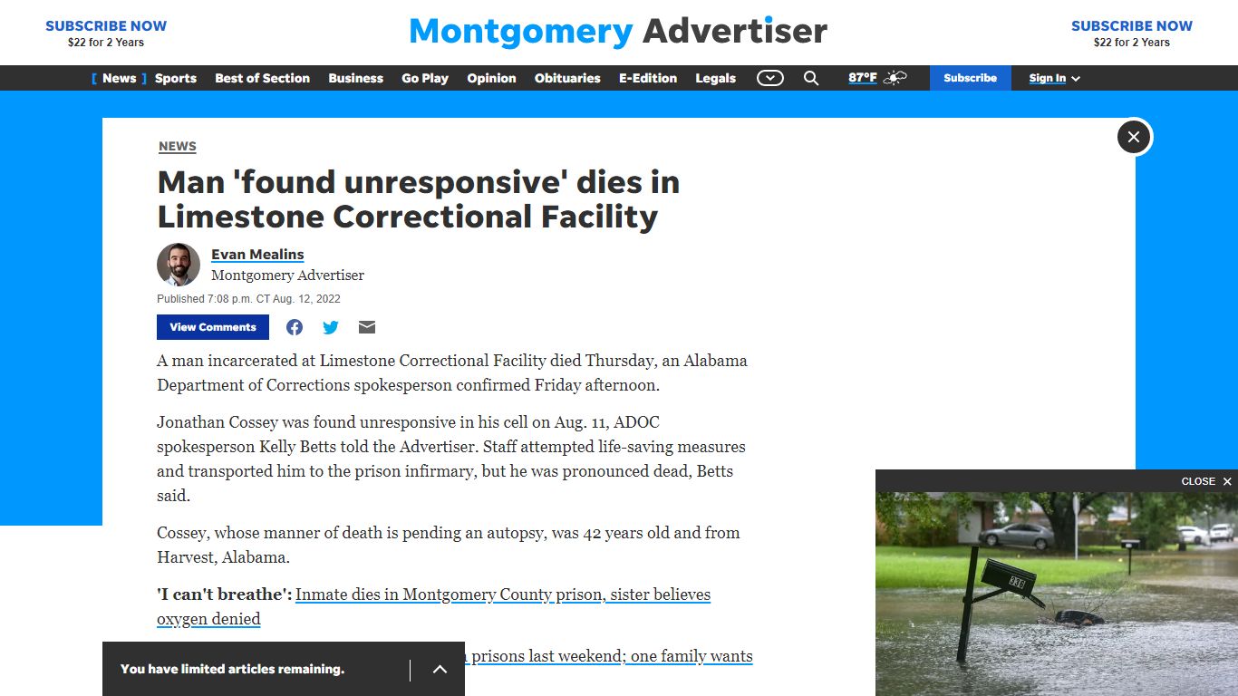 Man 'found unresponsive' dies in Limestone Correctional Facility